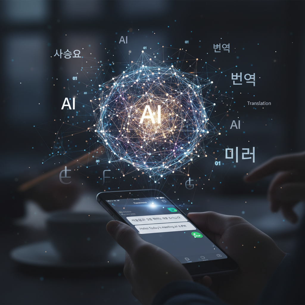 어떻게 작동하는가? 똑똑한 AI 번역의 원리 - 복잡한 신경망이 다양한 언어를 실시간으로 번역하는 추상적 이미지와 왓츠앱 화면에서 번역이 이루어지는 모습.