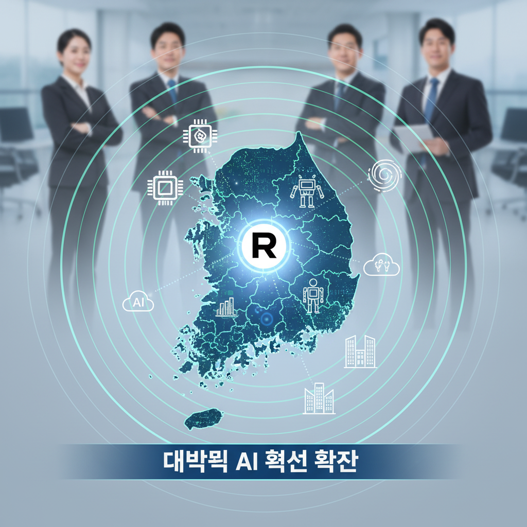 블랙록 투자가 한국 AI 시장에 미칠 메가톤급 파급 효과는? - 블랙록 로고에서 시작된 물결이 한국 지도 전체로 퍼져나가며 AI 관련 아이콘들이 밝게 빛나는 역동적인 일러스트.