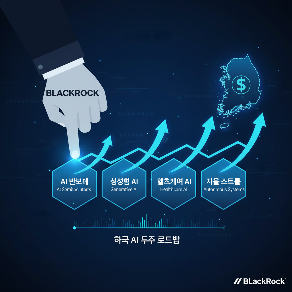 블랙록의 핵심 공략 분야와 투자 전략 분석 - 블랙록의 투자 전략을 인포그래픽으로 보여주는 이미지. 블랙록의 손이 한국의 AI 반도체, 생성형 AI, 헬스케어 AI, 자율 시스템 등 주요 AI 분야를 선택하며 상승 추세 화살표를 나타낸다.