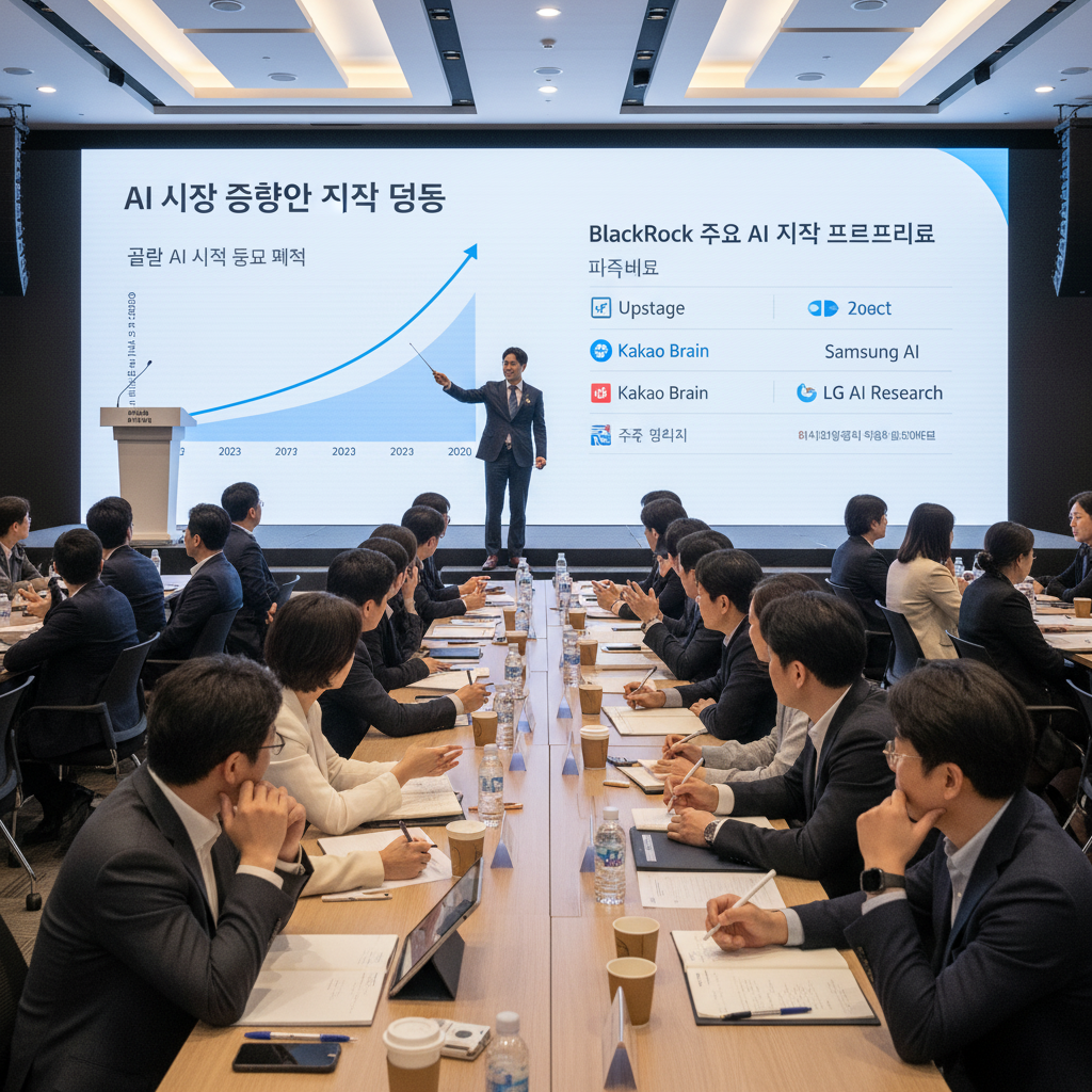 한국 기업 및 투자자들을 위한 실전 대비 전략 - 다양한 한국 기업가와 투자자들이 세미나에서 AI 시장 성장 및 블랙록 투자 패턴 차트를 보며 전략을 논의하고 필기하는 모습.
