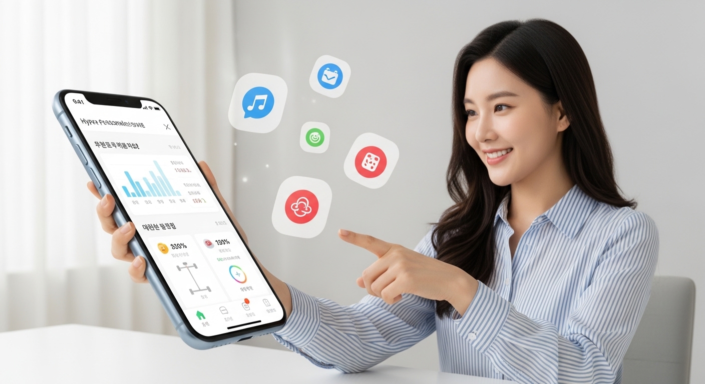 초개인화와 하이퍼스케일 AI의 부상 - 스마트폰으로 초개인화된 AI 비서 앱을 사용하는 한국인 여성의 모습