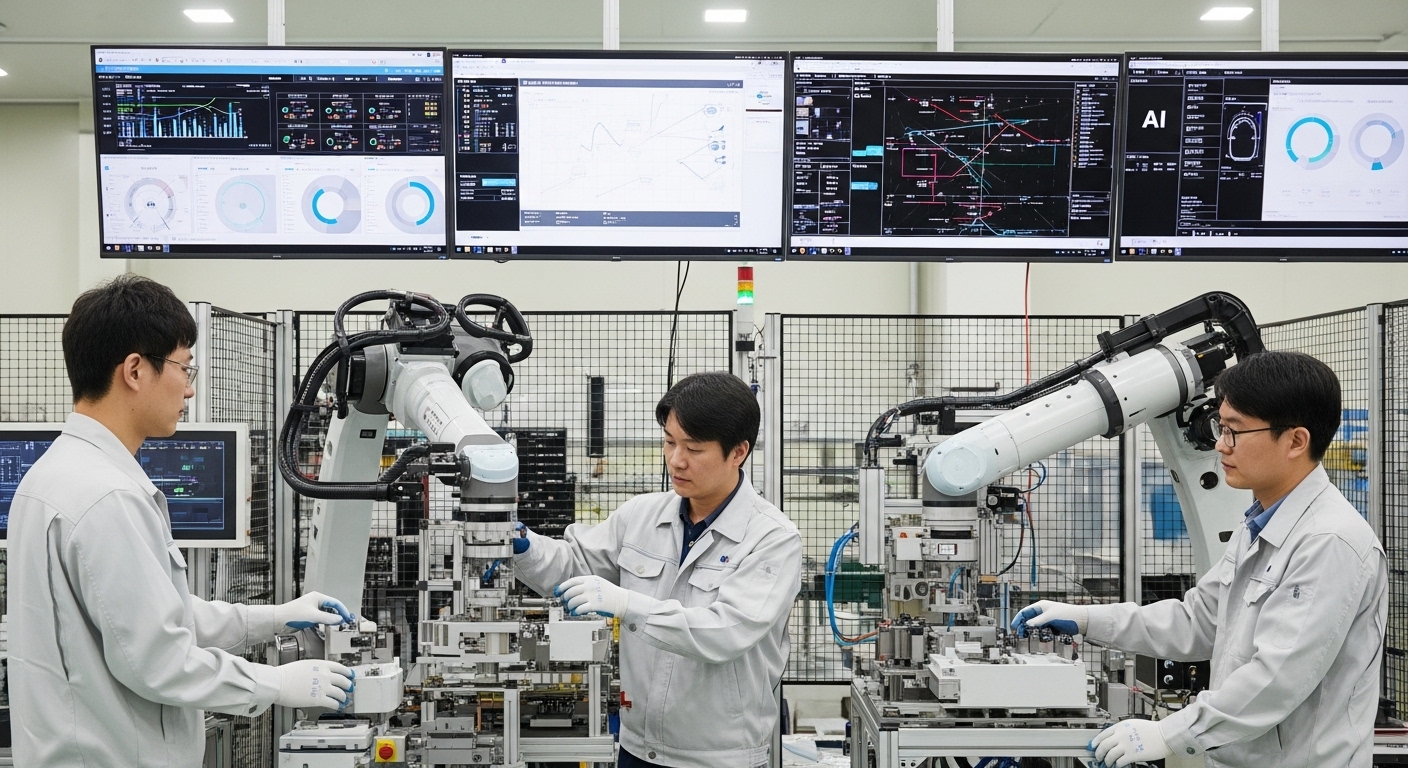 AI, 산업 전반의 혁신 동력으로 확산 - 한국인 엔지니어들이 AI 기반 스마트 팩토리에서 로봇과 협력하여 작업하는 모습