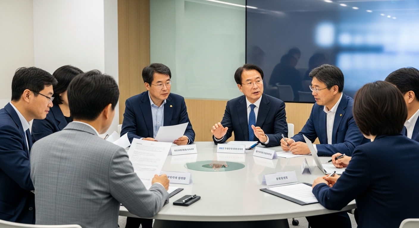 AI 윤리, 투명성, 그리고 안전한 AI 거버넌스 확립 - 정책 입안자, 윤리학자, 기술 리더 등 한국인 전문가들이 원탁에 앉아 AI 윤리 및 정책 문서를 논의하며 안전한 AI 거버넌스 확립을 상징하는 모습