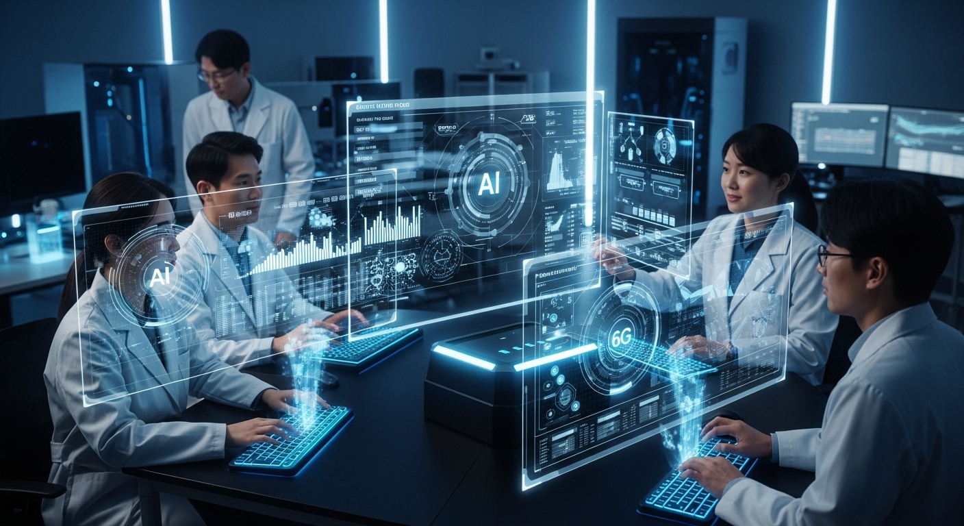핵심 기술 개발 현황: 초고주파, AI, 그리고 양자 기술 - 첨단 연구소에서 홀로그램 투사 및 고급 컴퓨팅 인터페이스를 중심으로 협력하는 한국인 연구원 팀이 AI, 양자, 테라헤르츠 기술의 6G 통합을 상징하는 모습