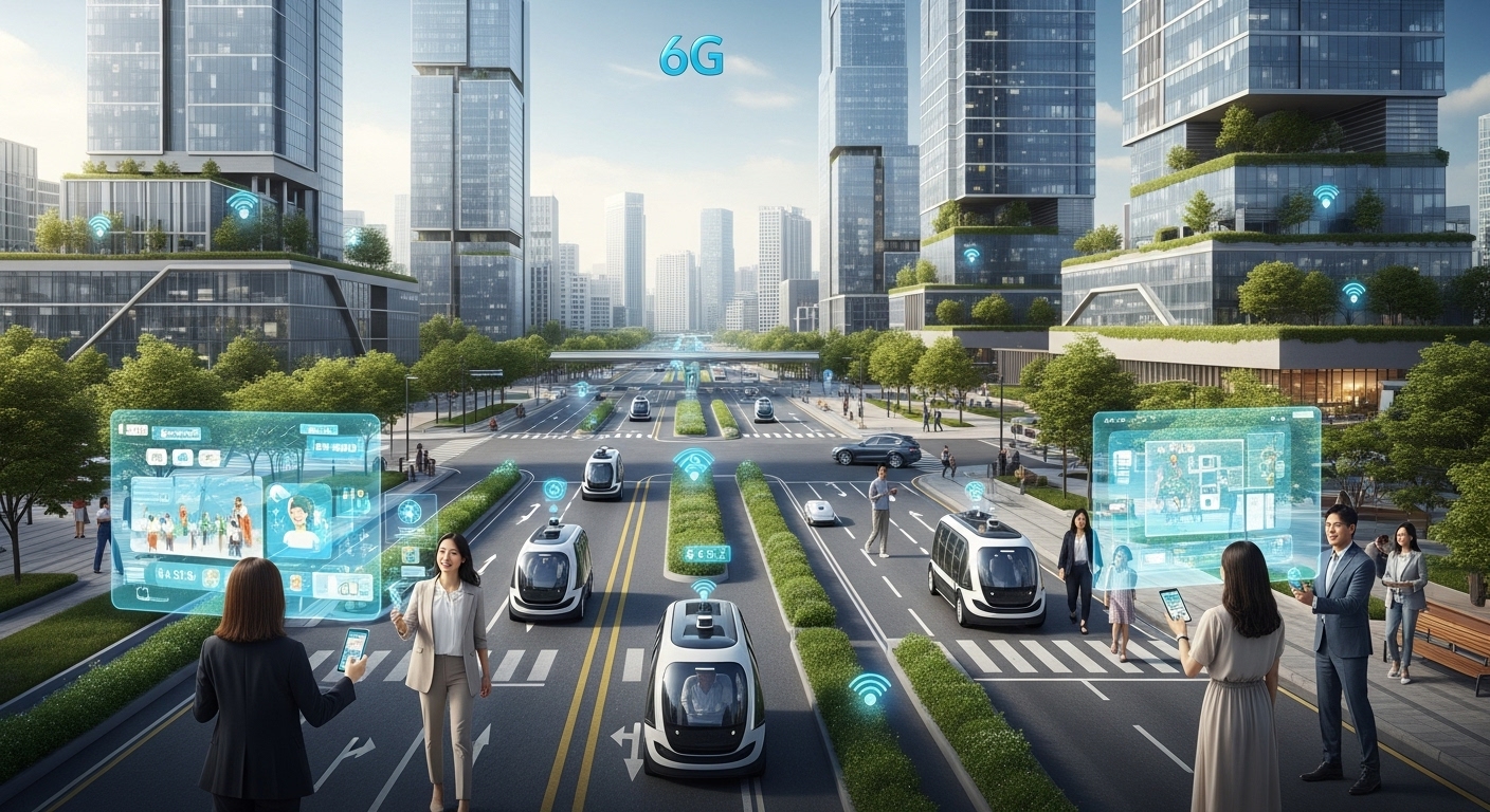 6G가 가져올 미래 사회 변화와 기대 효과 - 다양한 한국인들이 6G 기반의 미래 스마트 시티를 경험하는 모습. 홀로그램 기기를 사용하고, 자율주행차가 원활하게 움직이며, 스마트 센서가 인프라에 통합되어 보이지 않는 초고속 네트워크로 모두 연결된 풍경