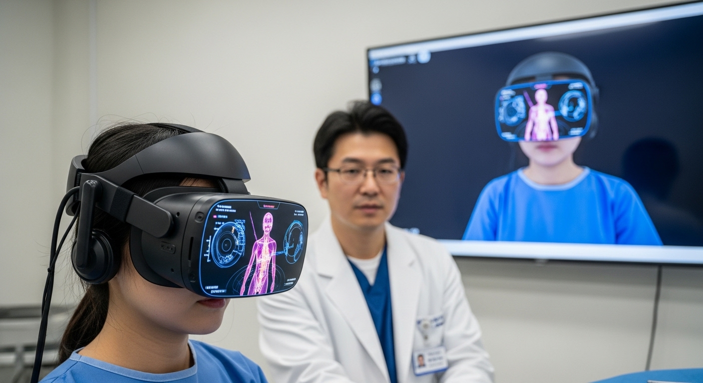 의료 및 헬스케어 산업의 정밀성과 교육 혁신 - VR 헤드셋을 착용한 한국인 의대생이 가상 환자에게 시뮬레이션 수술을 하고 있으며, 빛나는 해부학적 데이터가 표시된다. 배경에서는 멘토 의사가 큰 화면으로 학생의 진행 상황을 지켜보고 있다.