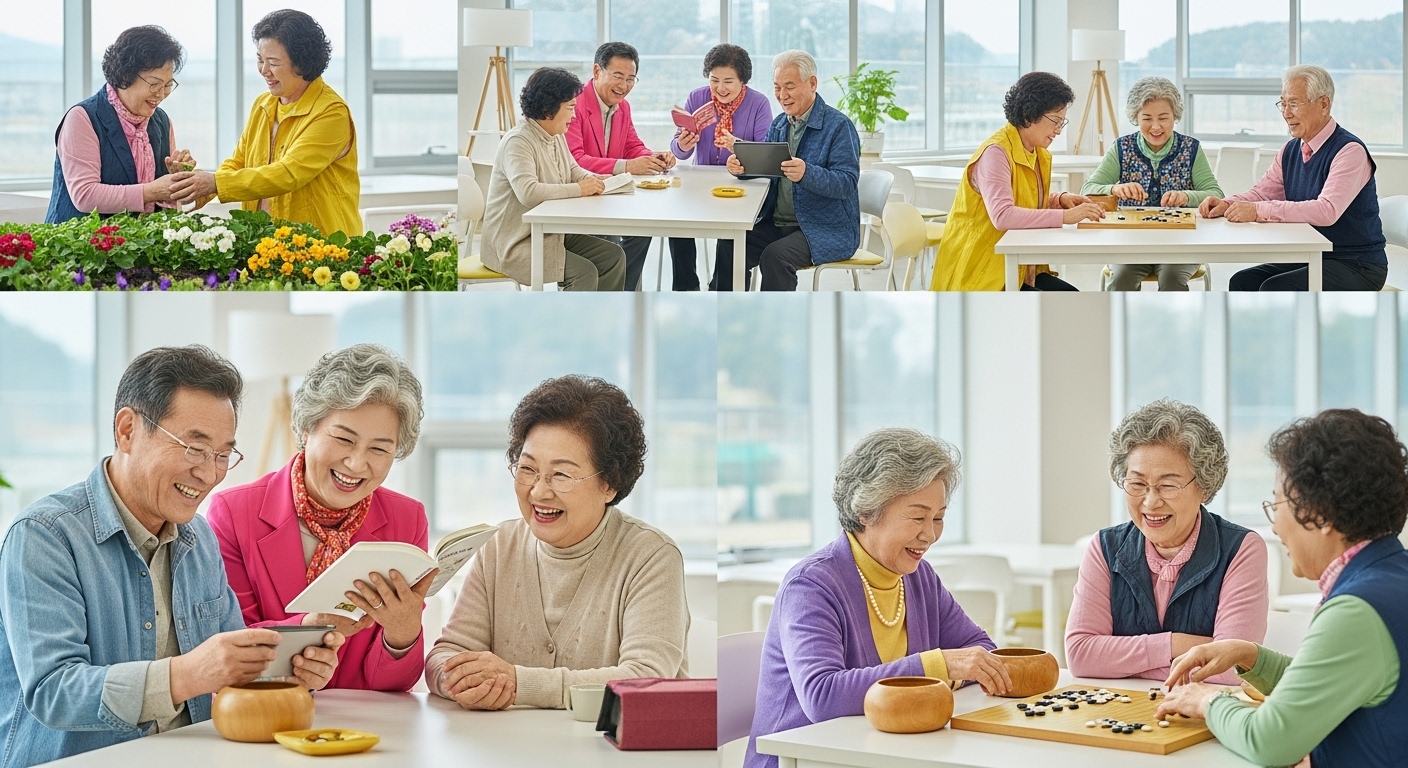 미래 전망과 사회경제적 파급 효과 - 밝고 현대적인 커뮤니티 센터에서 웃으며 다양한 활동에 참여하는 여러 명의 한국인 노인들