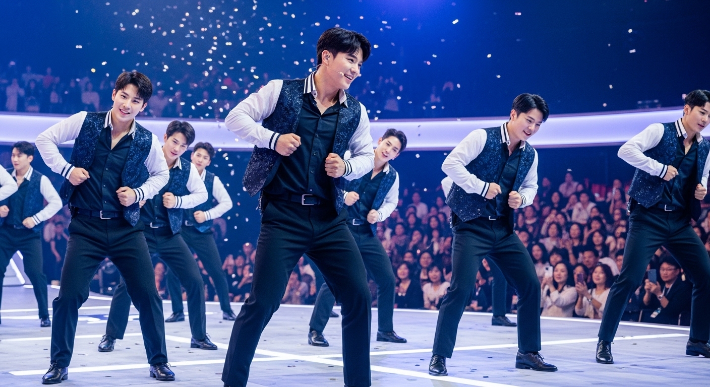 축제의 하이라이트: 다채로운 공연과 프로그램 분석 - 밝게 빛나는 무대 위에서 한국인 댄서들이 활기찬 댄스 루틴을 선보이며 관객들을 열광시키는 역동적인 장면.