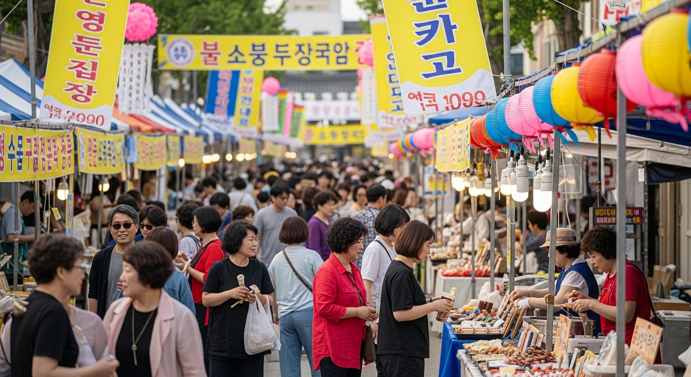 지역 경제 활성화와 문화적 파급 효과 - 축제 기간 동안 원주의 번화한 전통 시장 거리에서 한국인 방문객들이 지역 공예품과 길거리 음식을 즐기는 활기찬 모습, 상인들이 손님들과 교류하고 있다.