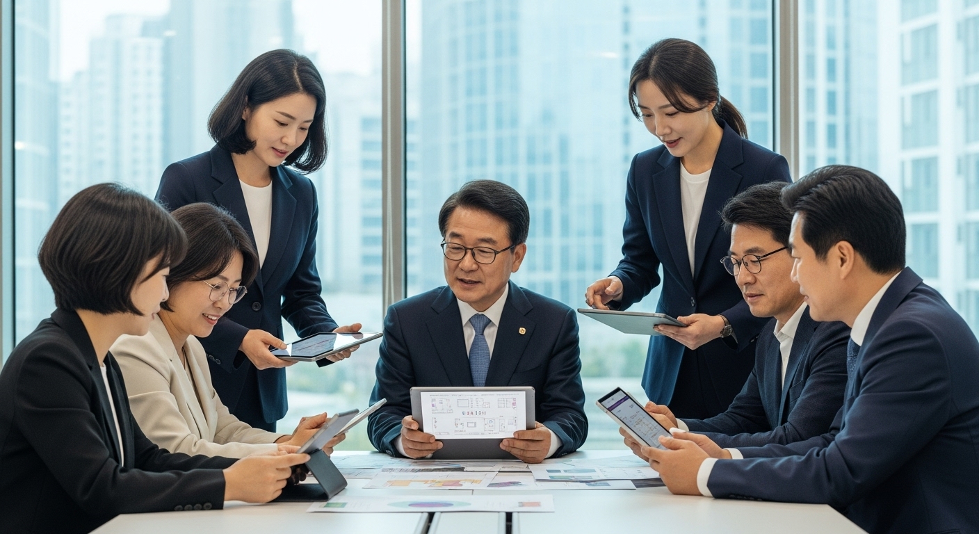 지속 가능한 축제의 미래를 위한 제언 - 한국인 축제 관계자들과 지방 정부 관계자들이 원주 댄싱카니발의 미래 계획을 논의하며 디지털 태블릿에 표시된 디자인과 차트를 검토하고 있는 모습.