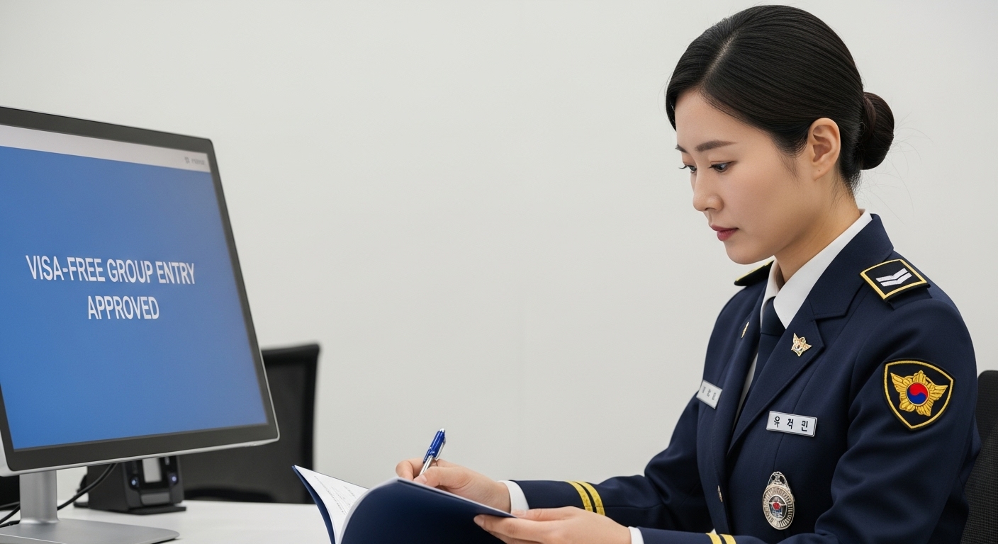 정책의 세부 내용 및 안전 관리 방안 - 한국 이민관이 공식 서류를 검토하고 '무비자 단체 입국 승인'이 표시된 디지털 화면을 보는 모습, 보안과 현대적인 절차를 강조.