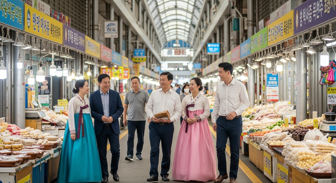 지속 가능한 관광을 위한 과제와 미래 방향 - 한국과 중국 사람들이 활기차고 깨끗한 한국 시장에서 긍정적으로 교류하며 문화 교류와 존중하는 관광을 보여주는 모습.