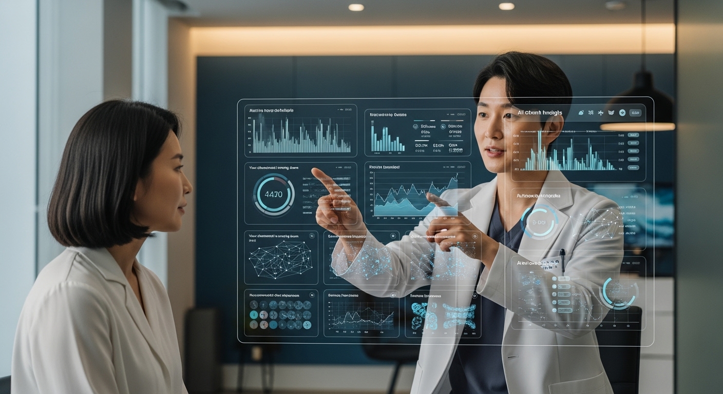 개인 맞춤형 헬스케어의 핵심: AI 기술의 역할 - 한국인 의료 전문가가 현대적인 클리닉에서 AI 시스템이 생성한 복잡한 건강 데이터 시각화 자료를 한국인 환자에게 설명하는 모습.
