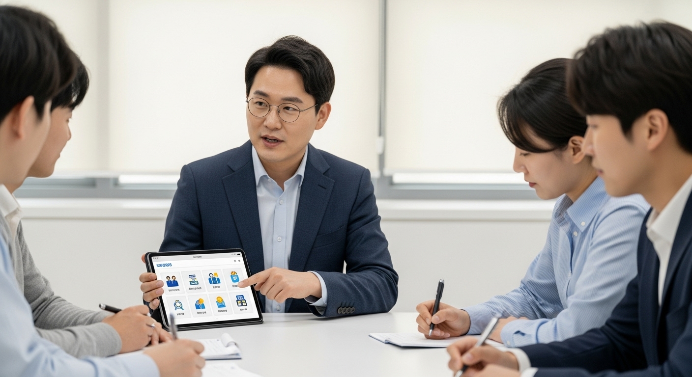 지속 가능한 고용 안전망을 위한 준비 - 다양한 직업 훈련 프로그램을 안내하는 한국인 컨설턴트와 경청하는 구직자들의 모습