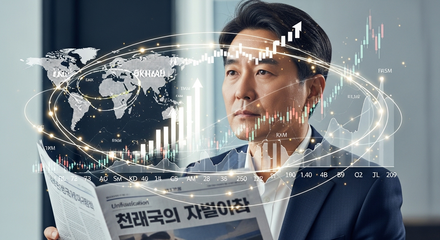 국제 정세와 경제적 요인이 통일의식에 미치는 영향 - 복잡한 국제 정세와 경제 지표가 한국인의 통일의식에 영향을 미치는 모습을 한 개인이 신문을 보며 고뇌하는 장면으로 묘사