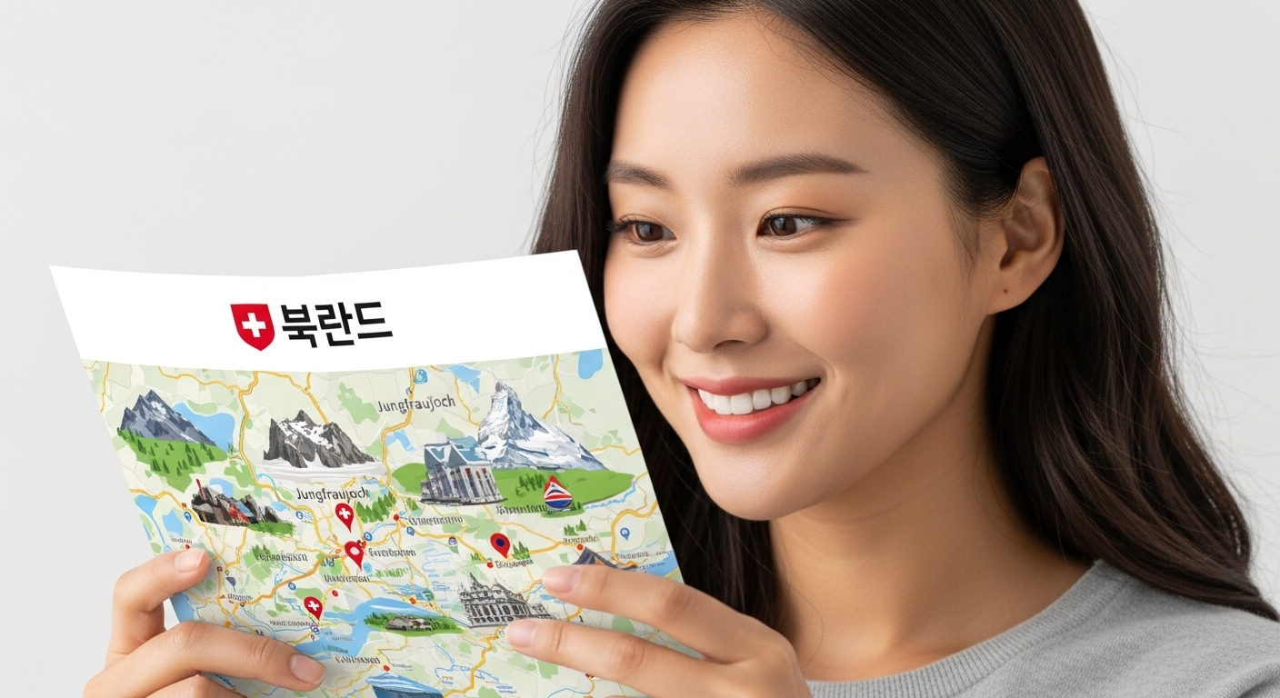 스위스패스 혜택 100% 활용하기: 무료 구간 및 할인 정보 - 스위스패스 로고가 새겨진 작은 지도 위로 융프라우, 마테호른 등 스위스 주요 관광지 아이콘이 그려져 있고, 한 한국인 여성이 지도를 보며 즐거워하는 모습.