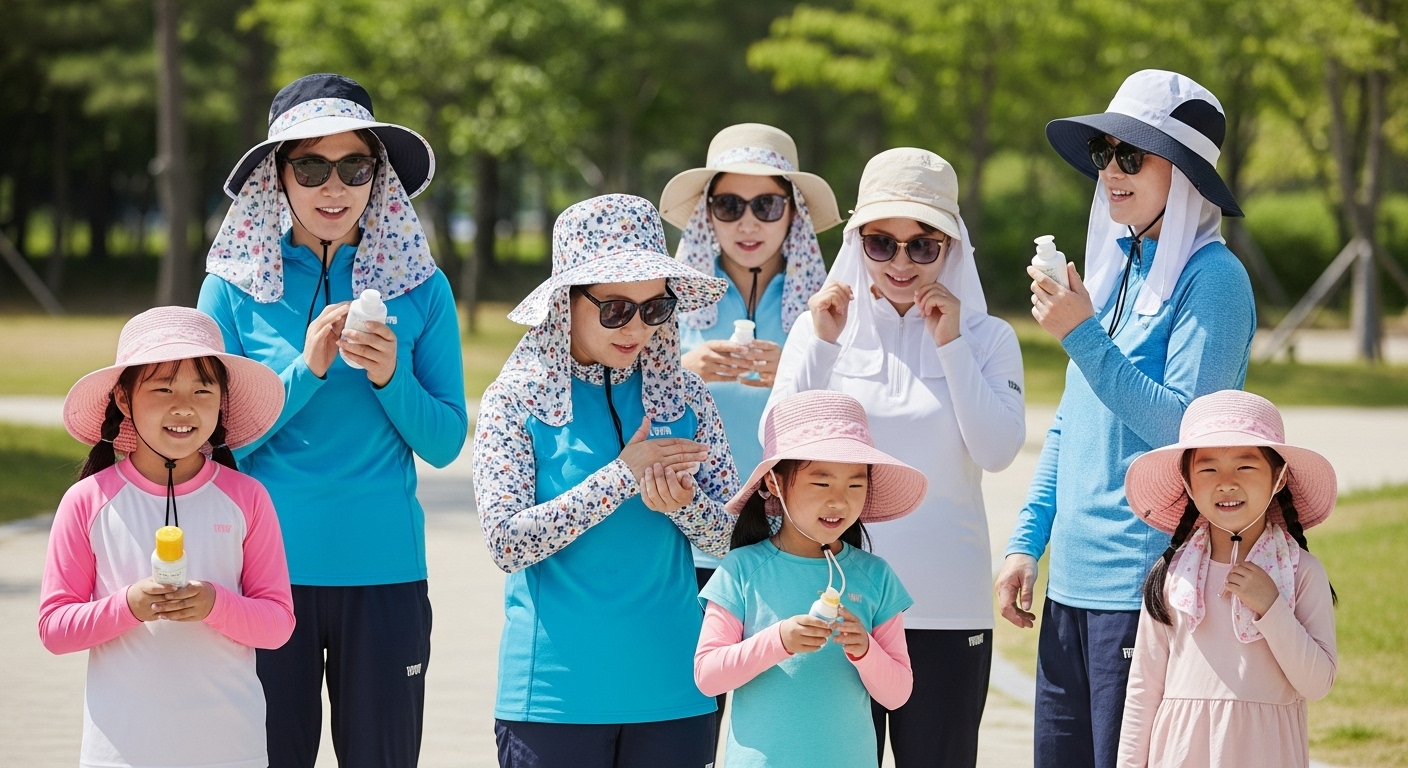 2025년 최신 가이드: 햇빛 알레르기를 똑똑하게 예방하는 방법은? - 다양한 연령대의 한국인들이 넓은 챙 모자, 긴팔 자외선 차단 의류, 선글라스 등으로 햇빛을 막으며 햇살 좋은 공원에서 즐겁게 시간을 보내고 있다.