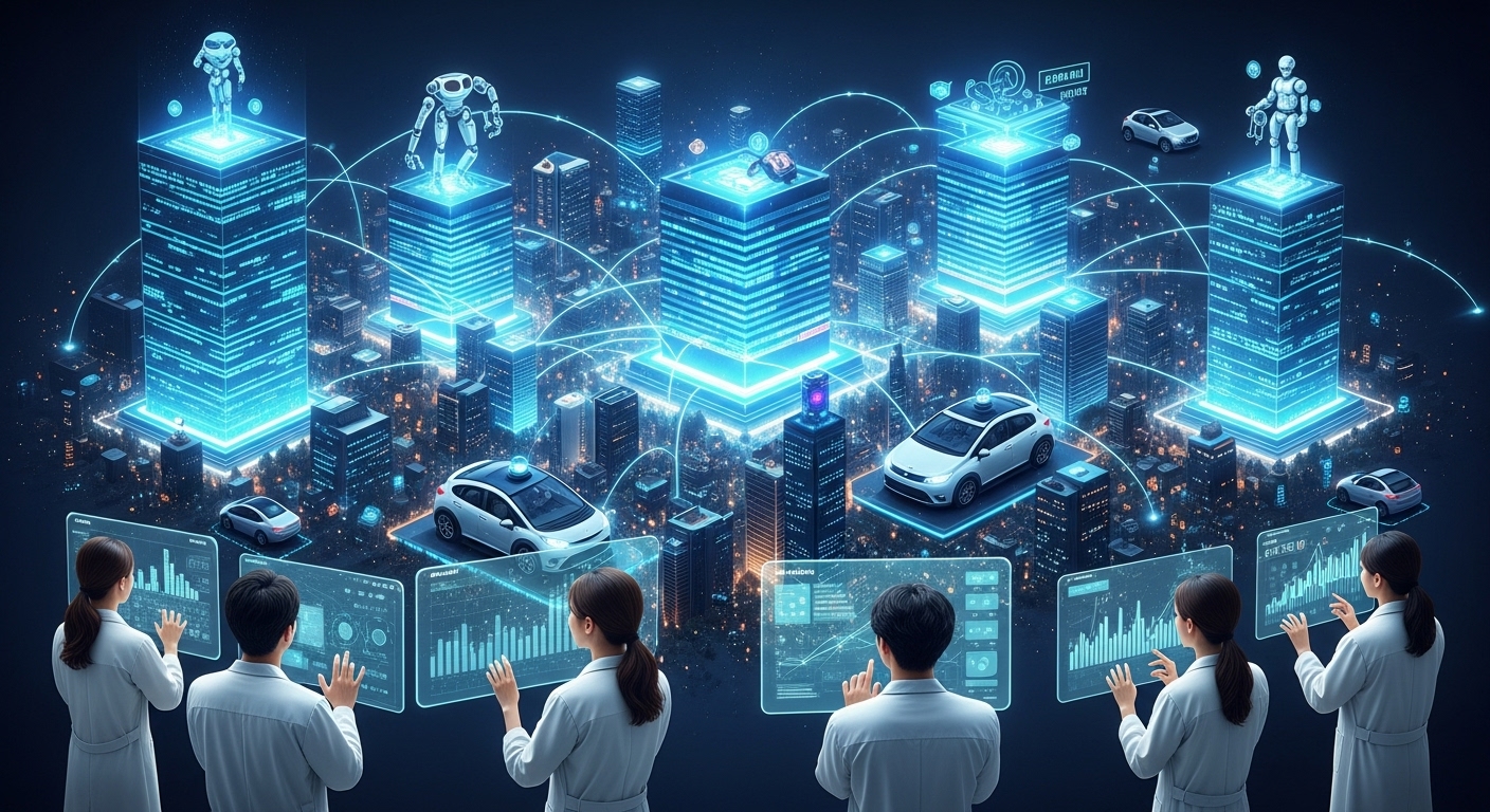 2025년 AI 시장, 블랙웰의 지배력은 어떻게 될까? - 2025년 글로벌 AI 시장의 역동적인 모습. 빛나는 데이터센터, 자율주행차, 로봇이 도시 경관에 통합되어 있으며, 한국인 전문가들이 투명 스크린으로 시장 동향을 분석하는 모습.