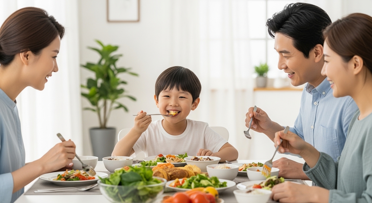 식단 관리와 생활 환경 개선, 아토피 극복의 핵심 열쇠 - 한국인 가족이 알레르기 유발 물질이 적은 건강한 식단으로 즐겁게 식사하고 있는 모습. 깨끗하고 쾌적한 실내 환경이 강조된다.