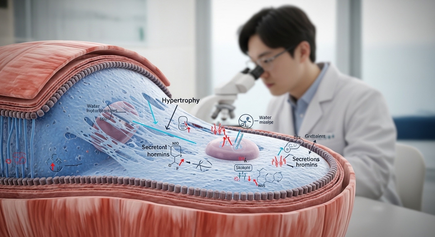 펌핑이 근성장에 기여하는 과학적 원리 3가지 - 팽창하는 근육 세포와 성장 호르몬 반응을 보여주는 과학적 도식, 배경의 한국인 과학자.