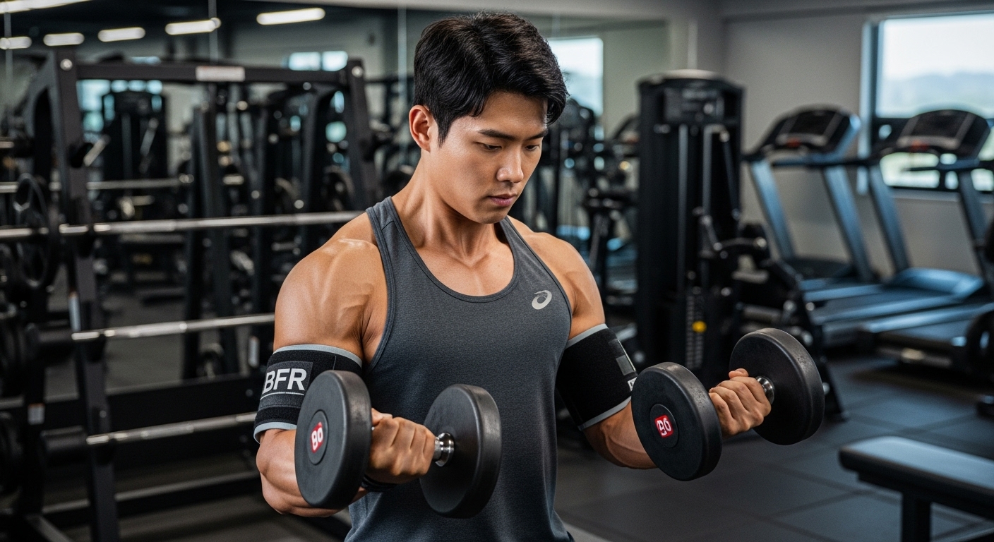 효과적인 근육 펌핑을 위한 훈련 전략은? - 혈류 제한 훈련(BFR) 밴드를 착용하고 덤벨 컬을 수행하는 한국인 남성.