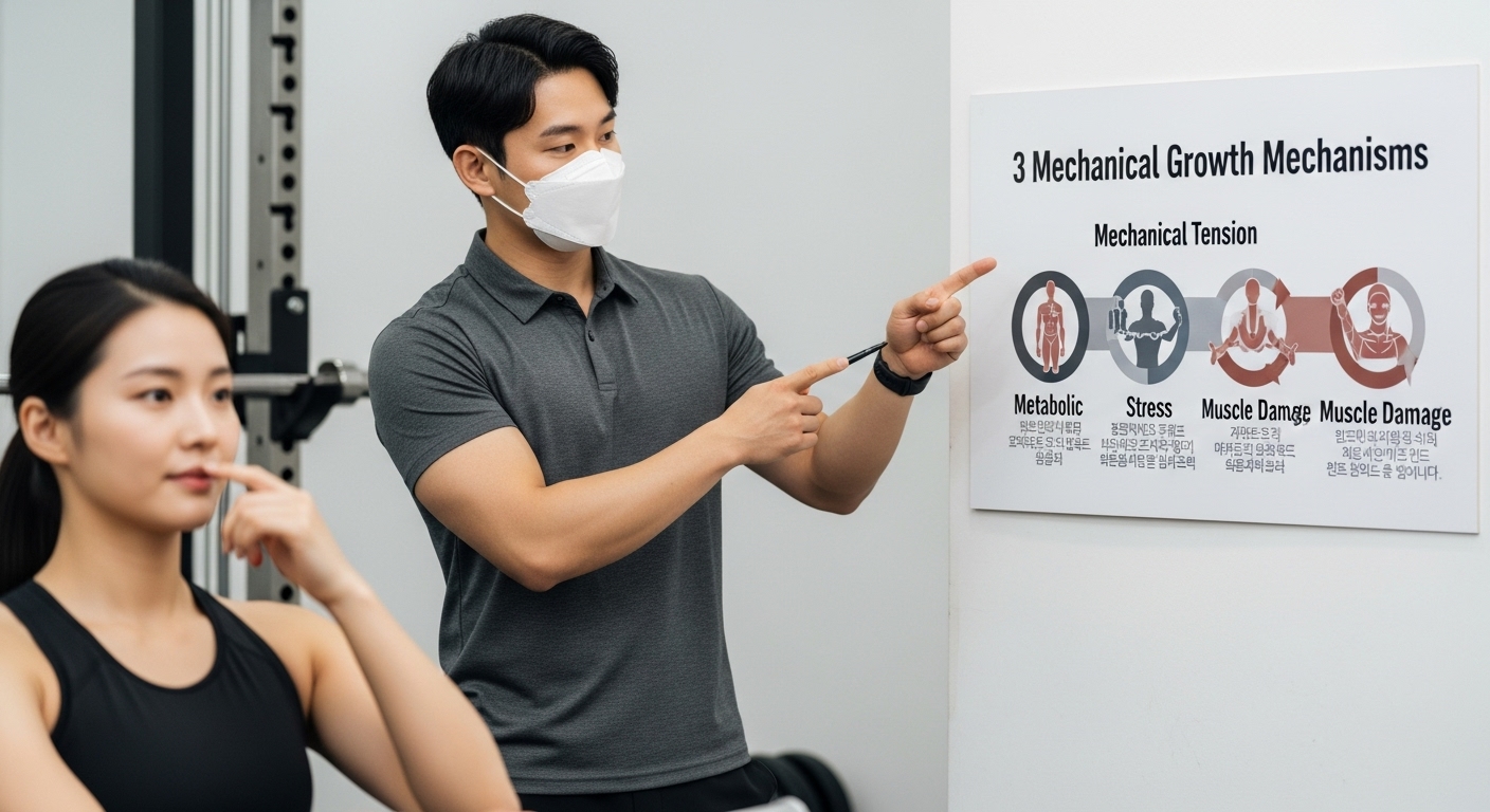 펌핑과 근성장, 오해와 진실 - 한국인 트레이너가 근육 성장의 3대 요소를 설명하는 인포그래픽을 보여주며 운동하는 사람에게 교육하는 모습.