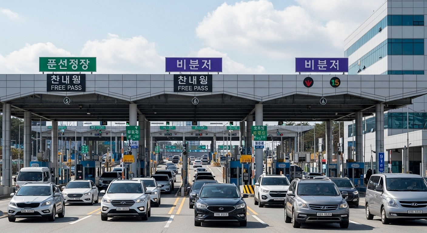 어떤 차량과 도로가 면제 대상이며, 면제 방식은 어떻게 될까요 - 다양한 차량들이 '통행료 무료' 표시가 있는 한국의 고속도로 톨게이트를 통과하는 모습