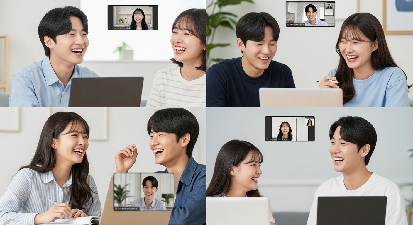 학습의 사회화: 협력 학습과 소셜 러닝의 부상 - 여러 명의 한국인 Z세대 학생들이 온라인 화상회의 앱을 통해 협력 학습을 하며 소통하는 모습.