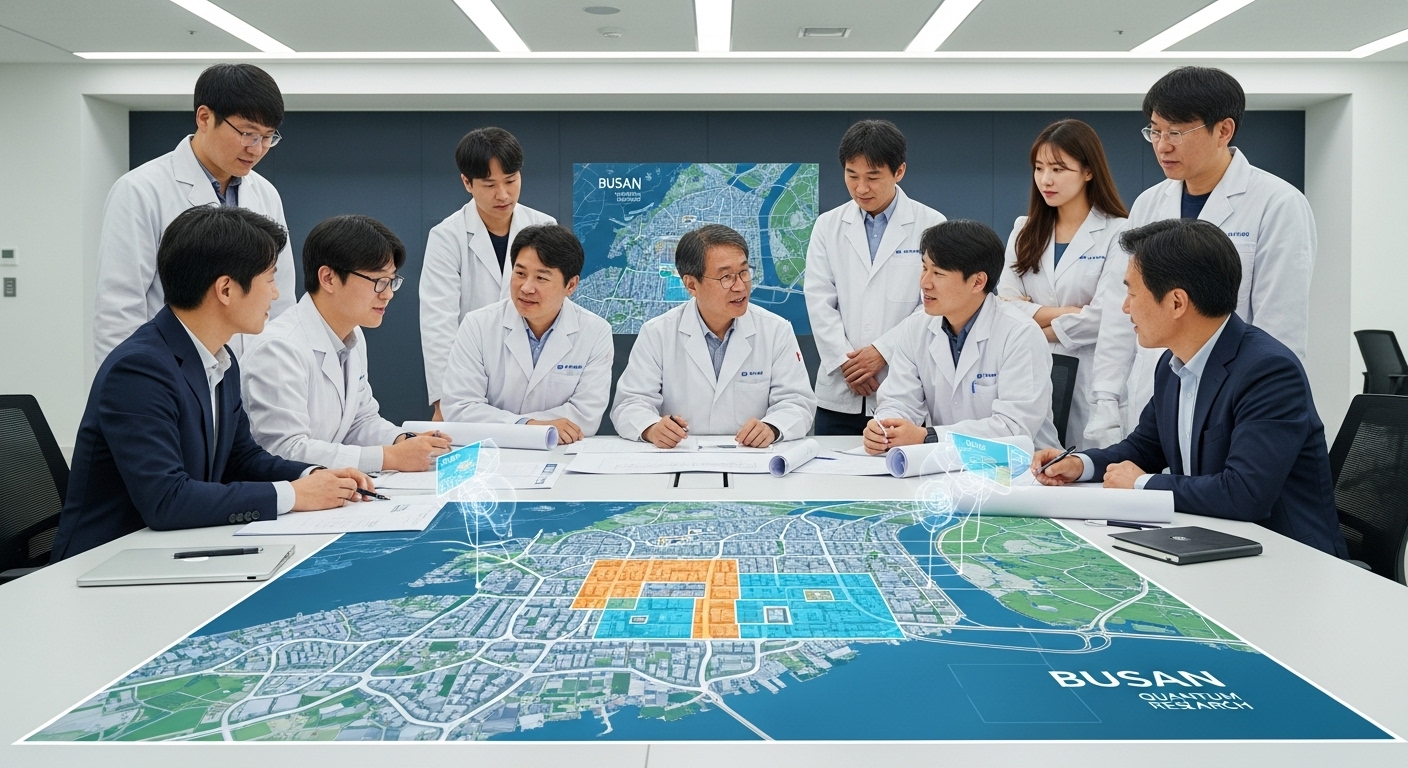 양자과학기술 발전을 위한 부산의 전략과 투자 - 부산의 현대적인 양자 연구 센터에서 다양한 연령대의 한국인 과학자와 엔지니어들이 부산 도시 계획이 홀로그램으로 투영된 테이블 주위에 모여 협력하며 브레인스토밍하는 모습.