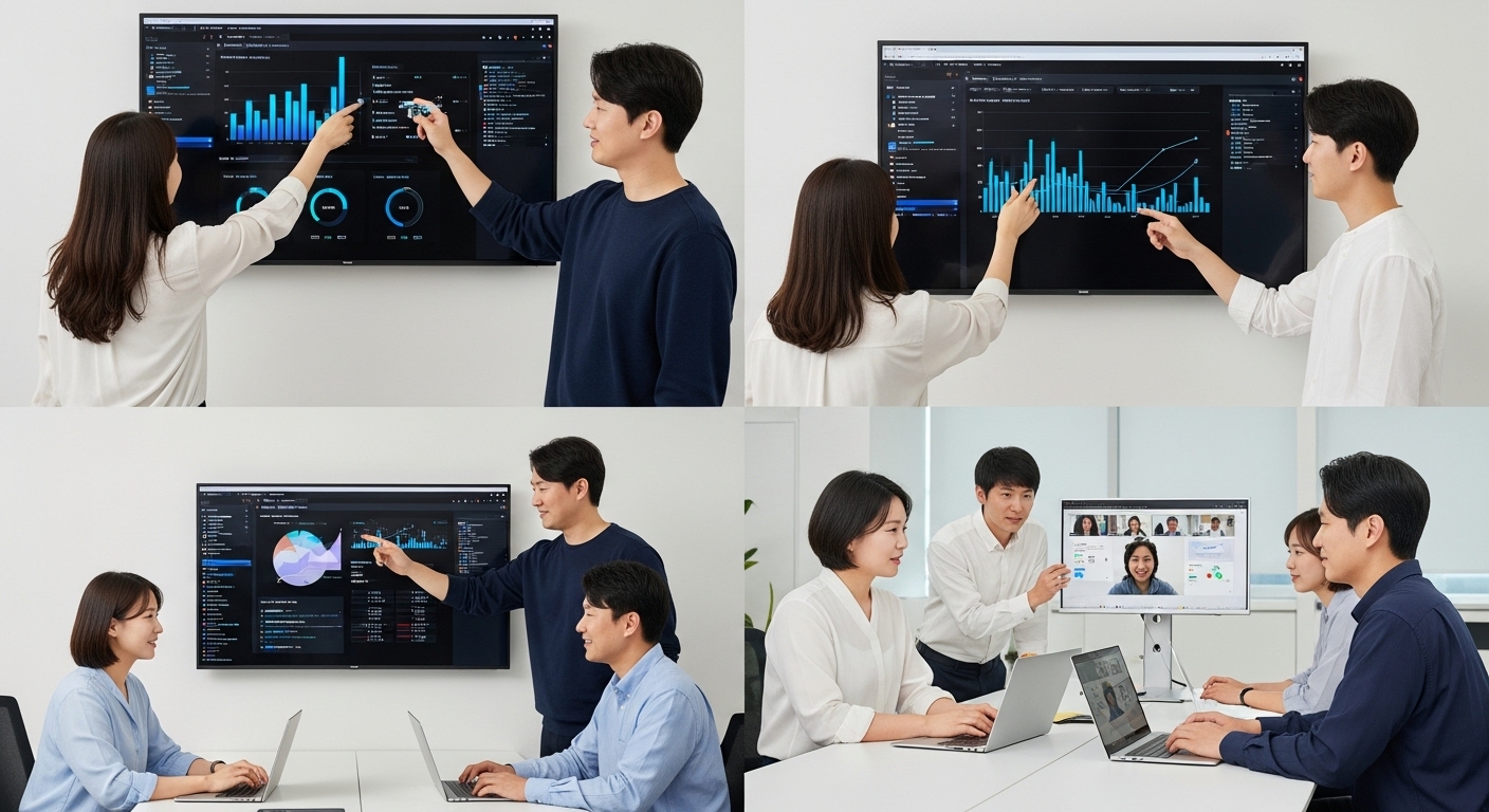 역동하는 노동 시장과 새로운 생산성 패러다임 - 다양한 연령대와 성별의 한국인 전문가들이 현대적이고 유연한 사무실 환경에서 협력하고 있다. 일부는 대형 화면에서 AI 기반 데이터 시각화 도구를 적극적으로 활용하고 있으며, 다른 이들은 가상 회의나 기술 향상 워크숍에 참여하는 모습. 역동적이고 혁신적인 분위기이다.