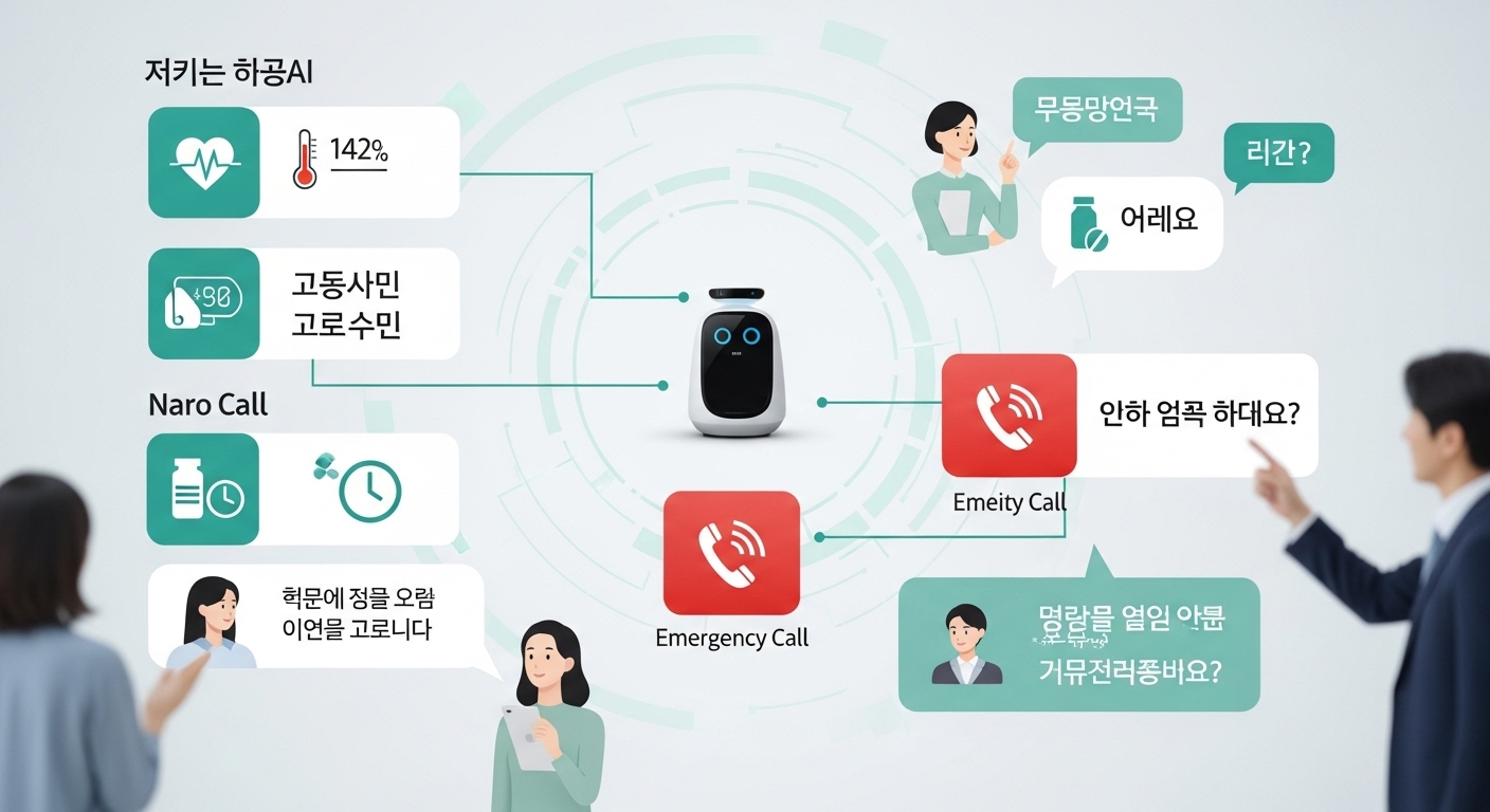 '나로' 로봇의 주요 기능과 현재 기술 수준 (2025년 기준) - 나로 AI 로봇의 건강 모니터링, 약 복용 알림, 긴급 호출 버튼, 상호작용하는 대화창 등 다양한 기능을 보여주는 상세한 인포그래픽