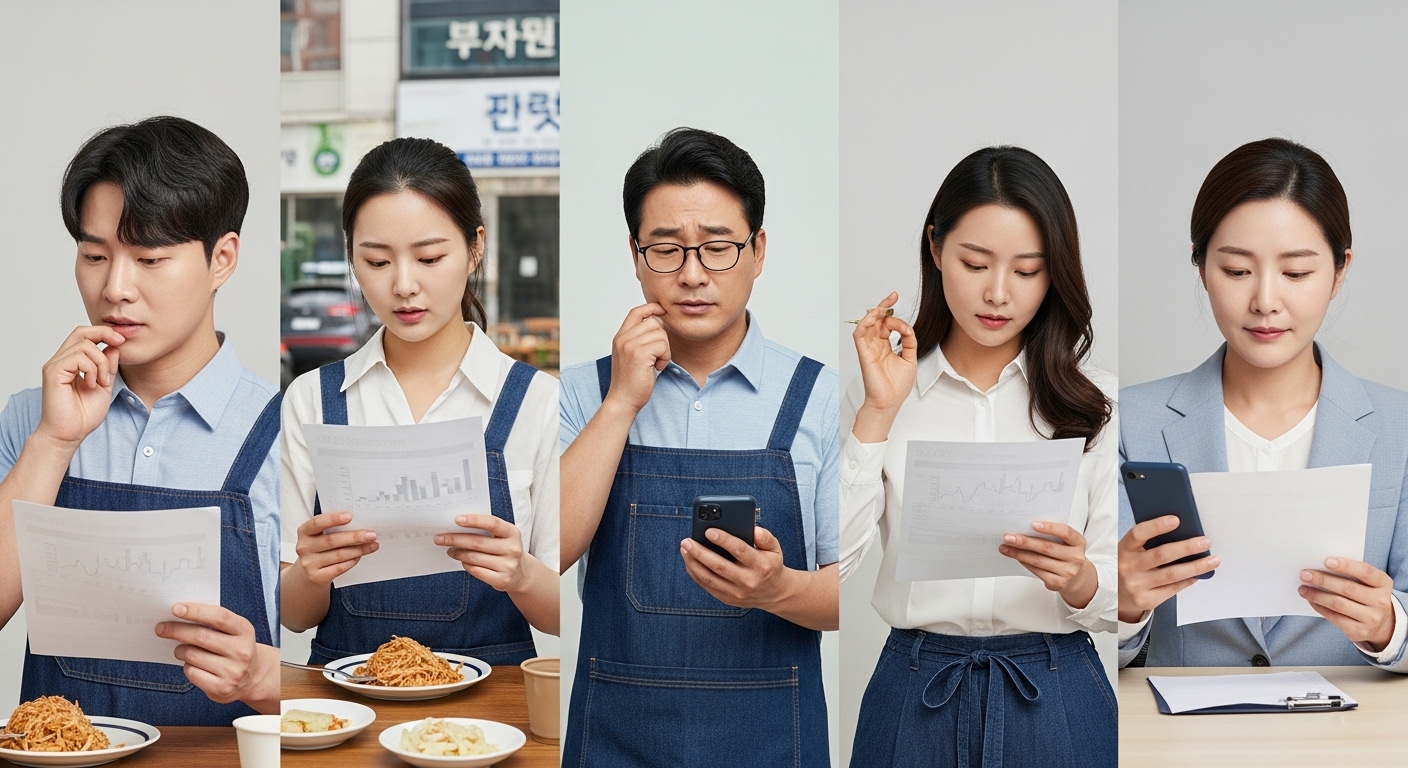 최저시급 동결의 사회경제적 파급 효과 - 한국인 근로자들과 소상공인들이 최저임금 동결에 따른 경제적 영향을 숙고하는 모습