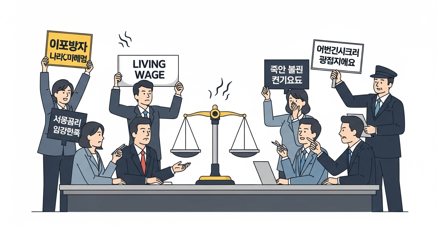 최저임금 인상을 둘러싼 주요 쟁점과 이해관계자의 입장 - 노동계, 경영계, 정부 대표자들이 최저임금 협상 테이블에 앉아 열띤 토론을 벌이는 모습
