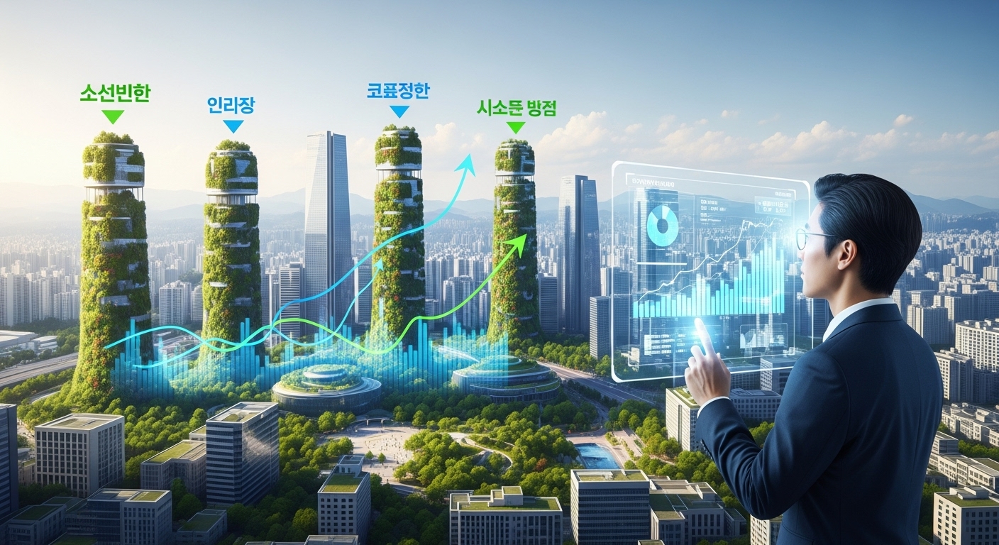 미래 최저임금 정책 방향과 지속 가능한 성장 - 지속 가능한 경제 성장을 나타내는 미래 도시 풍경과 함께 사회 복지 및 성장 지표를 시각화한 모습