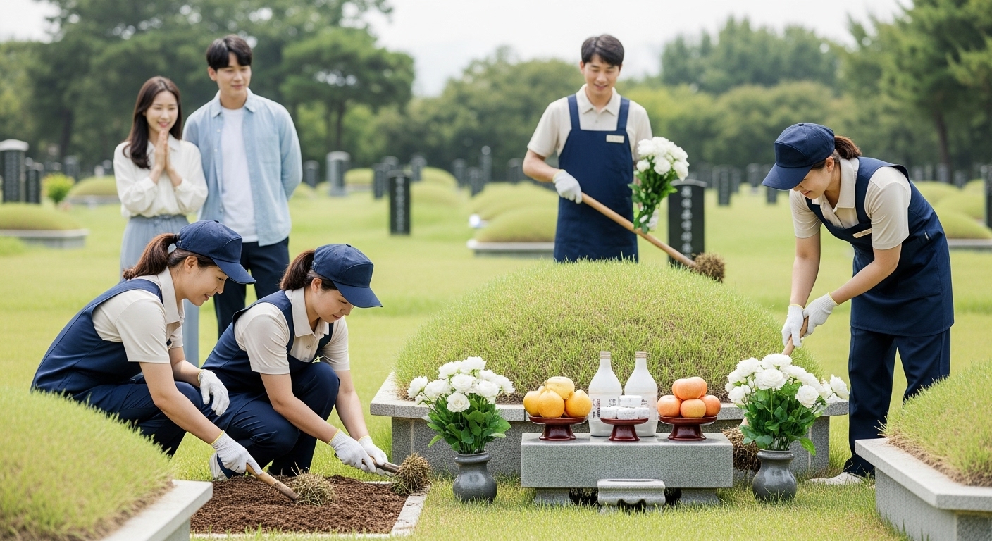 간소화와 전문화: 성묘 대행 서비스와 새로운 가족 의례 - 깔끔하게 차려입은 한국인 전문 서비스 팀이 잘 정돈된 공동묘지에서 조상 묘지를 꼼꼼하게 청소하고 관리하고 있다. 그들은 잡초를 뽑고, 꽃을 심고, 간소한 제사상을 차리는 등의 작업을 하고 있으며, 젊은 한국인 부부가 존경심을 담은 거리에서 이를 지켜보며 안도하고 감사하는 표정을 짓고 있다.