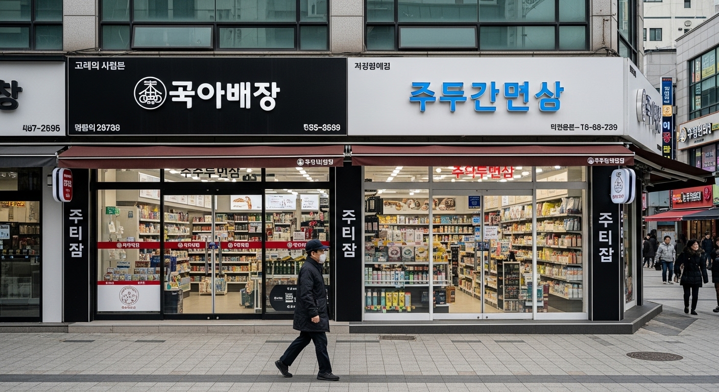 경쟁 심화와 차별화 전략 부재의 어려움 - 번화가에 나란히 위치한 두 개의 똑같은 무인 상점들이 치열한 경쟁 상황을 보여주는 모습