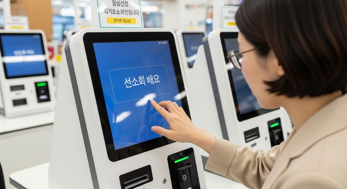기술 오작동 및 유지보수 비용 부담 - 한 한국인 손님이 무인매장 키오스크의 '시스템 오류' 메시지를 보며 당황스러워하는 모습