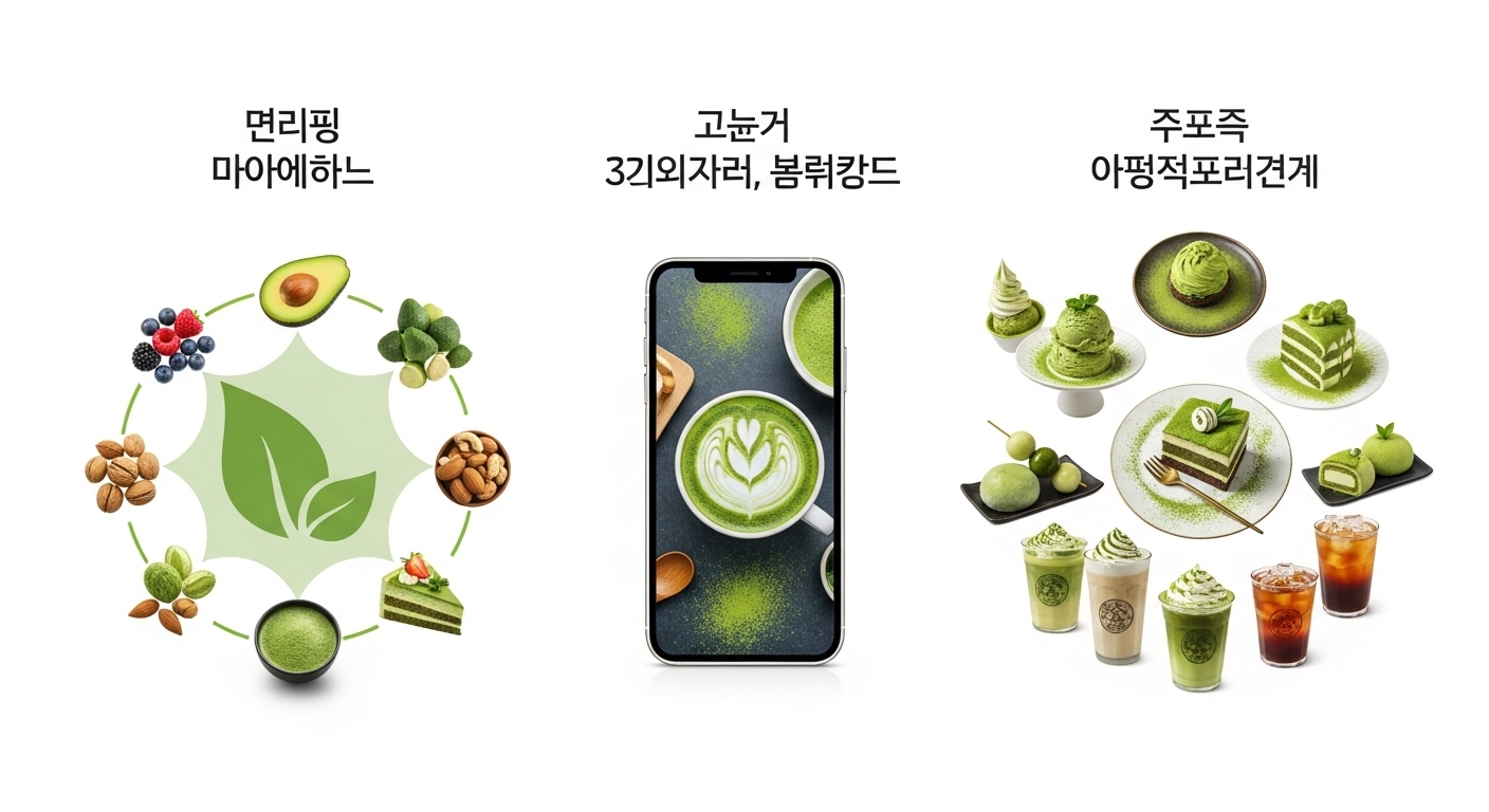 말차 트렌드를 이끄는 핵심 요인 - 건강 혜택, SNS 영향력, 제품 다양화를 시각적으로 표현한 생동감 있는 한국어 인포그래픽