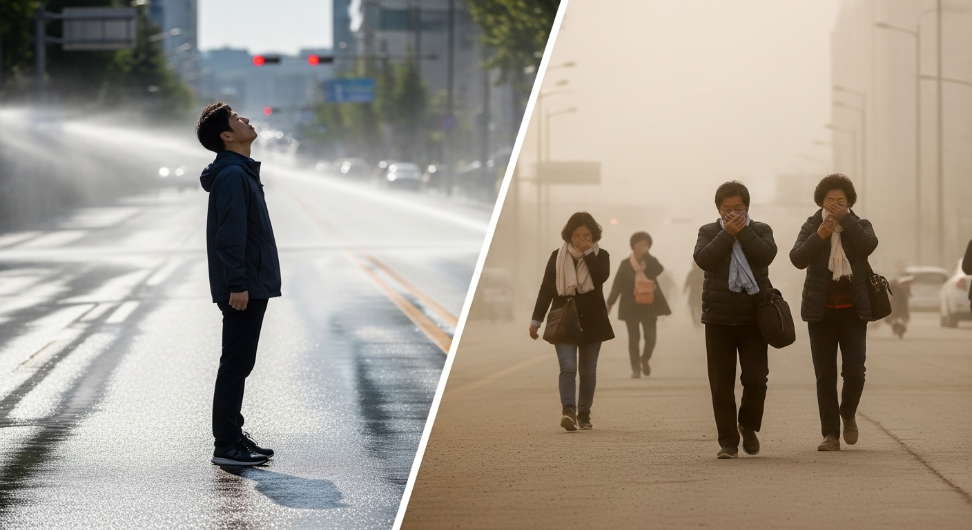 미세먼지 저감 대책으로서 살수차 운행의 장단점 및 한계 - 깨끗하고 젖은 도로 위에서 자유롭게 숨 쉬는 보행자와 건조하고 먼지 많은 도로 위에서 입을 가리고 있는 사람들이 대조되는 분할 이미지.