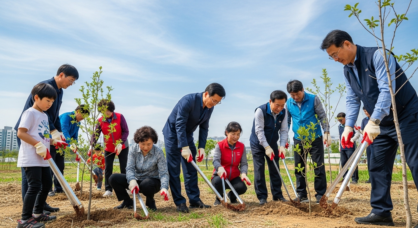 2025년 시흥시의 향후 미세먼지 대응 전략과 시민 참여 - 시흥시에서 한국인 시민들이 나무를 심거나 청소를 하며 환경 보호 활동에 적극적으로 참여하는 모습, 위로는 맑고 푸른 하늘이 보인다.