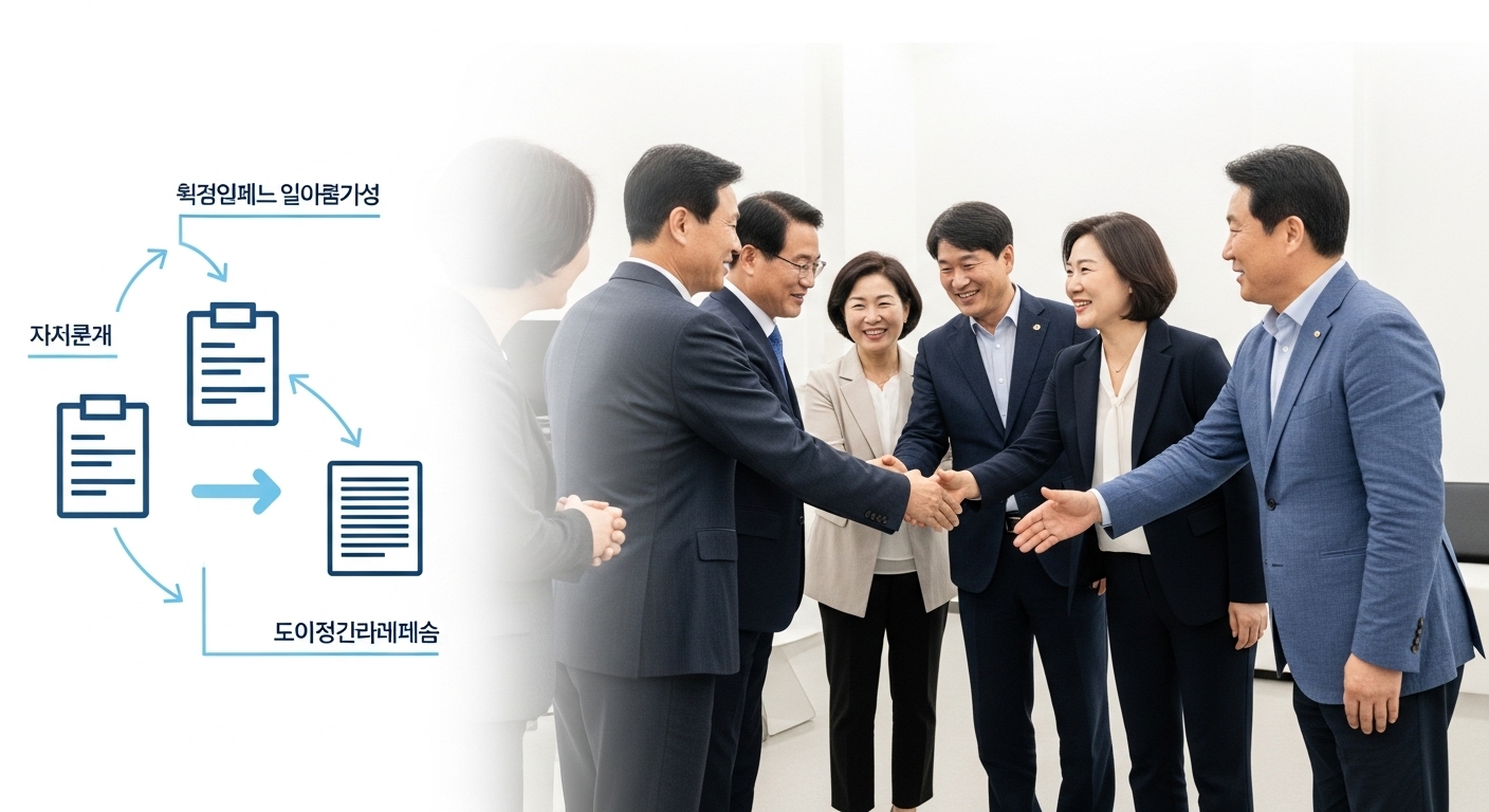 특별법의 핵심 내용과 주요 제도 - 간소화된 인허가 절차를 나타내는 다이어그램과 정부 관계자 및 지역 주민 대표들이 악수하는 모습으로, 효율적인 행정 절차와 효과적인 대민 소통을 상징하는 이미지.