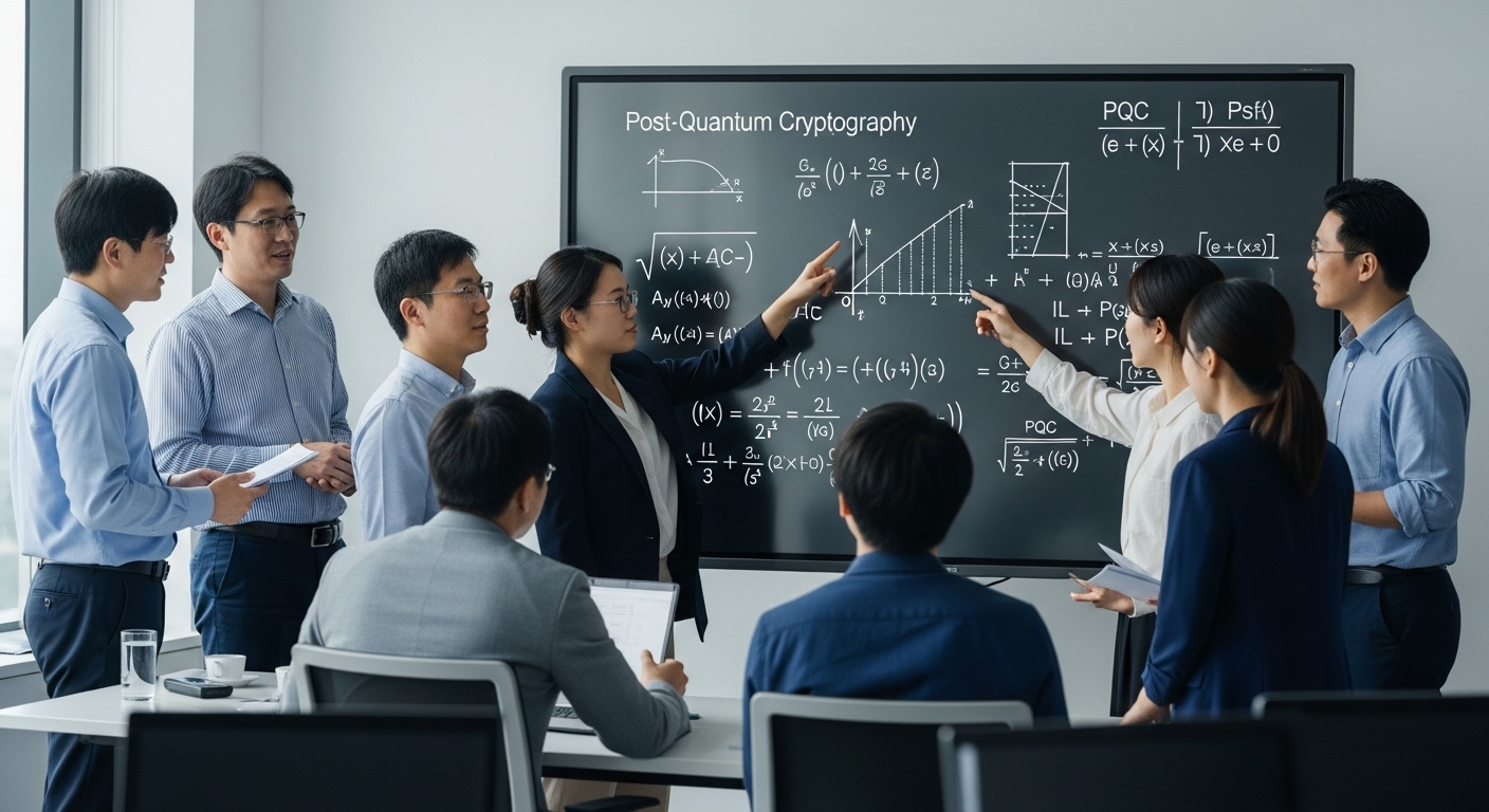 양자 내성 암호 (PQC) 기술 발전 및 표준화 동향 - 현대적인 연구실에서 다양한 한국인 연구자들이 PQC 알고리즘을 나타내는 복잡한 수학 방정식으로 가득 찬 화이트보드를 놓고 협력하며 논의하는 모습