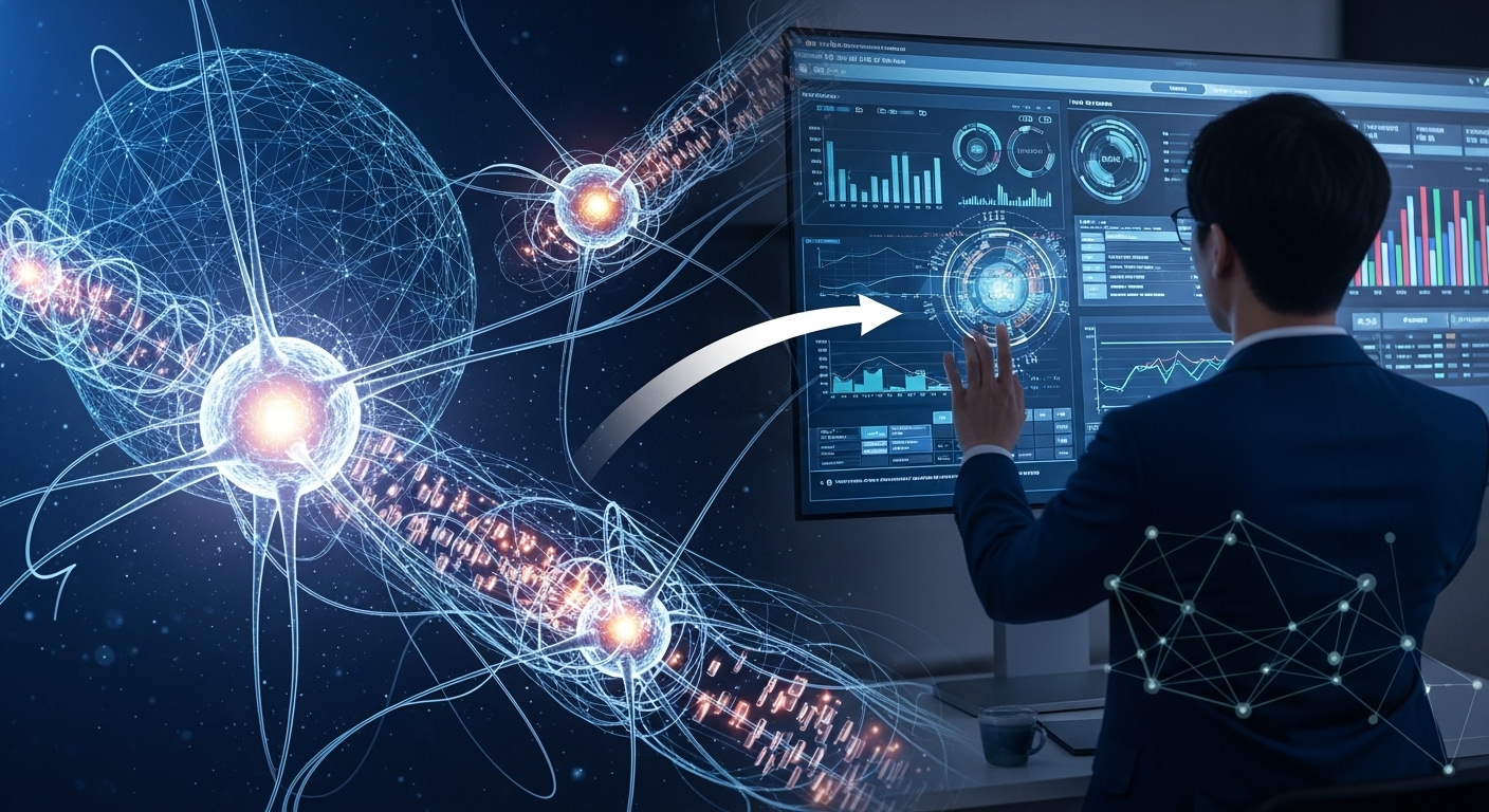 AI 기반 양자 보안 위협 탐지 및 방어 전략 - 빛나는 뉴럴 네트워크가 양자 간섭의 징후를 보이는 데이터 패킷들을 분석하며 사이버 위협을 탐지하는 추상적인 표현. 한국인 네트워크 보안 분석가가 실시간 위협 경고 및 이상 탐지 그래프를 보여주는 화면을 검토하는 모습