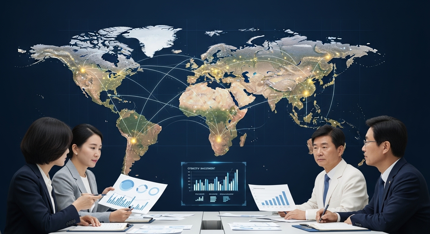 2025년 한국 및 글로벌 양자 AI 보안 정책 및 투자 - 세계 지도 위로 주요 국가들을 연결하는 빛나는 선들이 국제 협력을 상징하며, 한국 정부 관계자들과 산업 리더들이 사이버 보안 투자 및 국가 전략 관련 차트와 그래프를 검토하는 전략 회의 모습