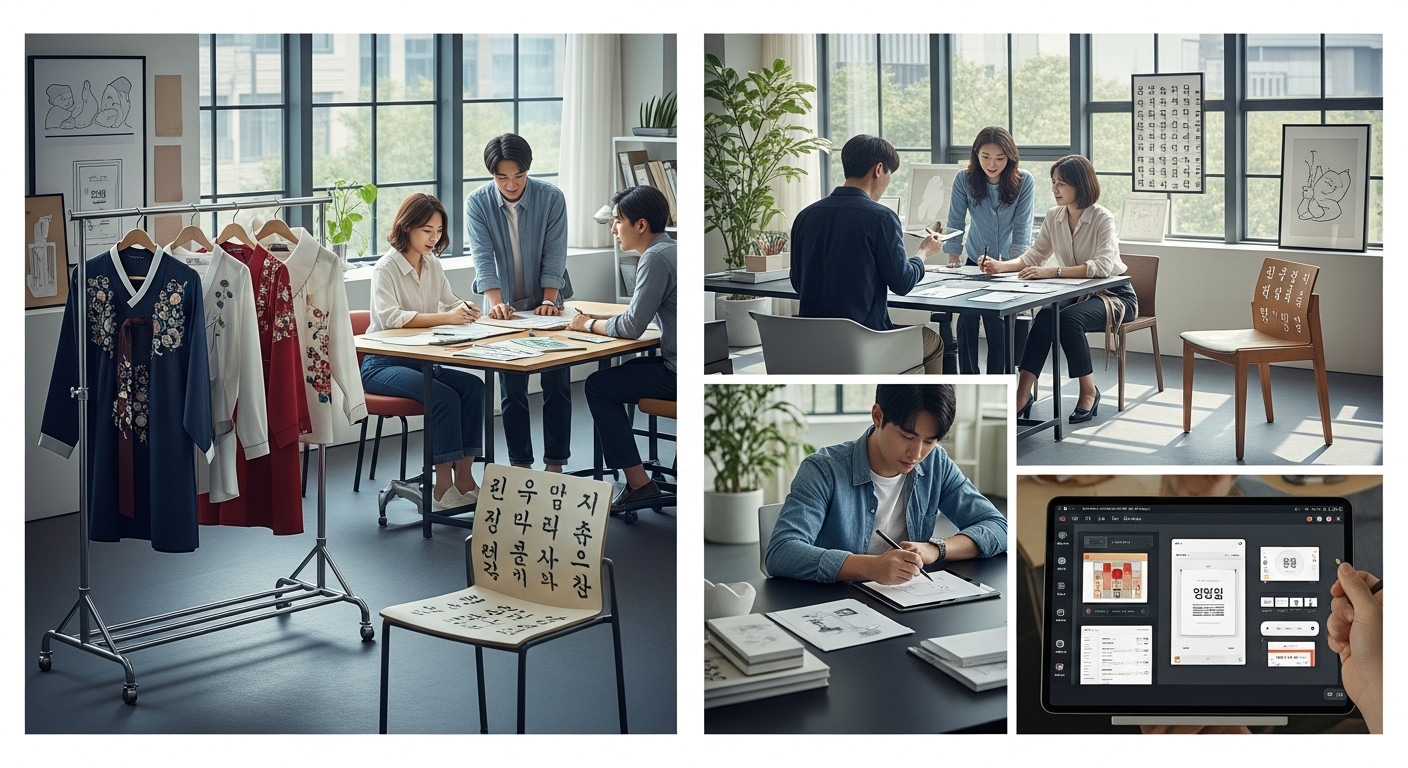 한글 기반의 혁신적 문화 상품 개발 및 산업화 - 한국인 디자이너들이 한글 타이포그래피와 미학을 접목한 다양한 제품을 함께 작업하는 활기찬 디자인 스튜디오의 모습. 한글 패턴의 세련된 의류, 한글 요소를 담은 현대적인 가구, 아름다운 한글 폰트를 보여주는 디지털 인터페이스 등의 예시가 있음
