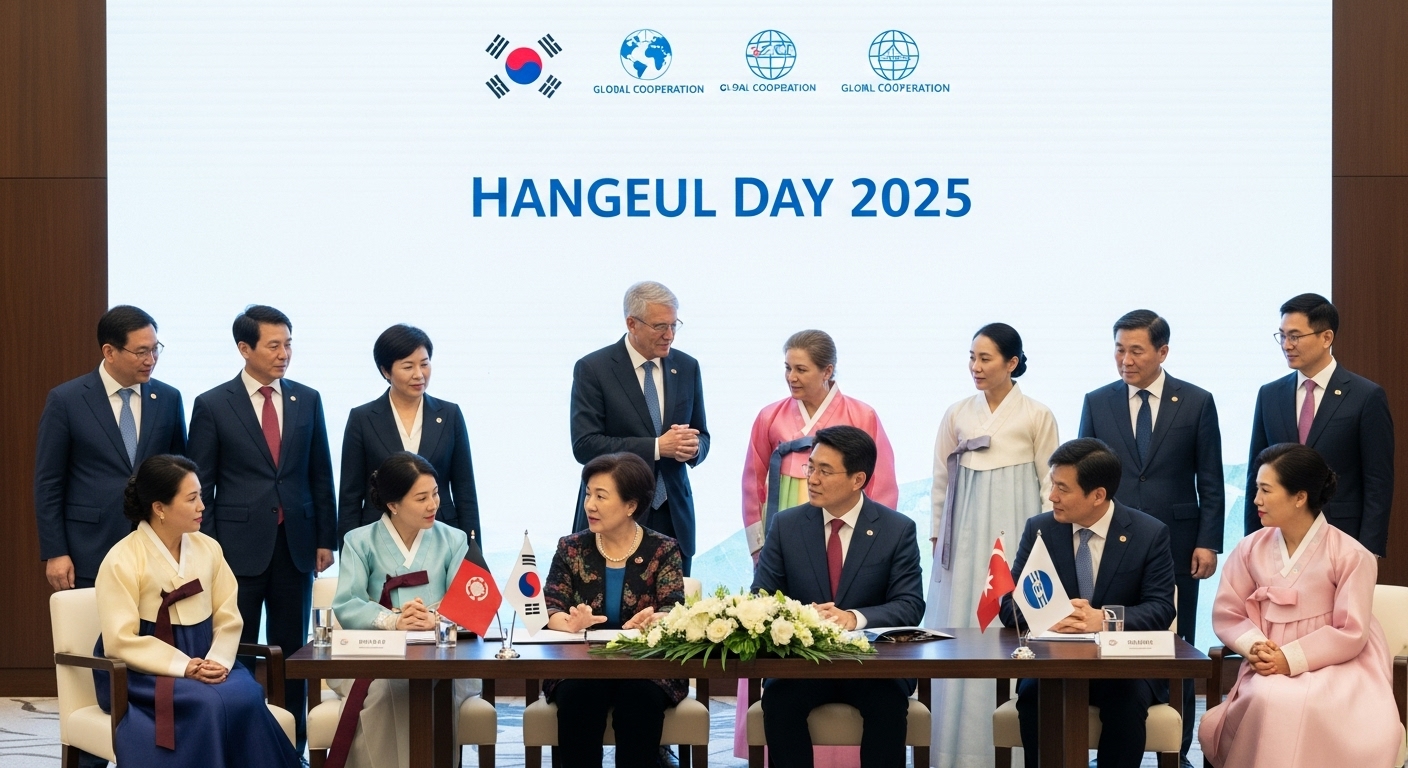 국제 협력 및 글로벌 네트워크 구축을 통한 확산 - 한글날 2025 및 글로벌 협력 로고가 있는 배경 앞에서 다양한 국가의 외교관과 문화 대표들이 국제 회의에서 협력적인 토론을 벌이는 모습