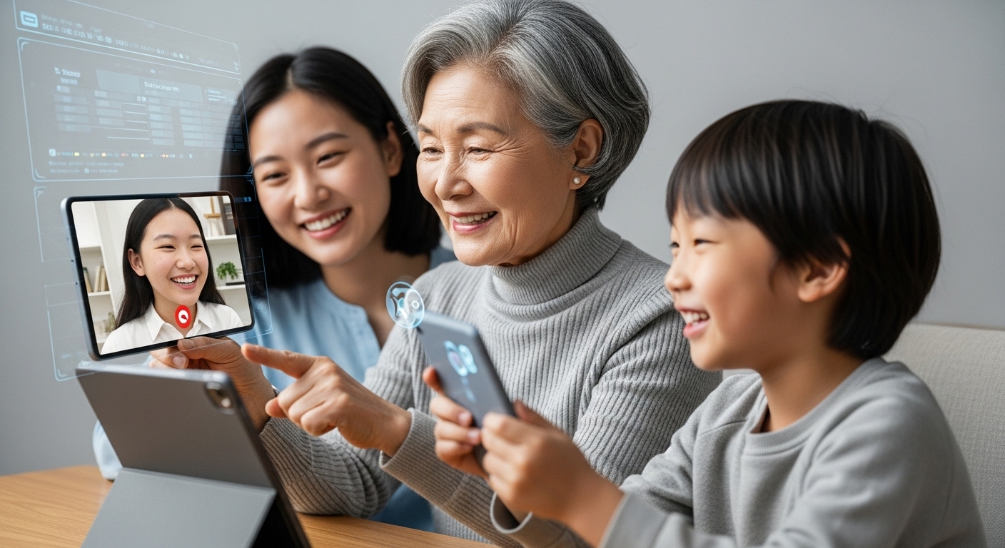 손자녀와 함께하는 스마트 소통: 디지털 육아의 새로운 지평 - 한국인 할머니가 스마트 기기와 AR 게임으로 손주와 즐겁게 교류하는 모습