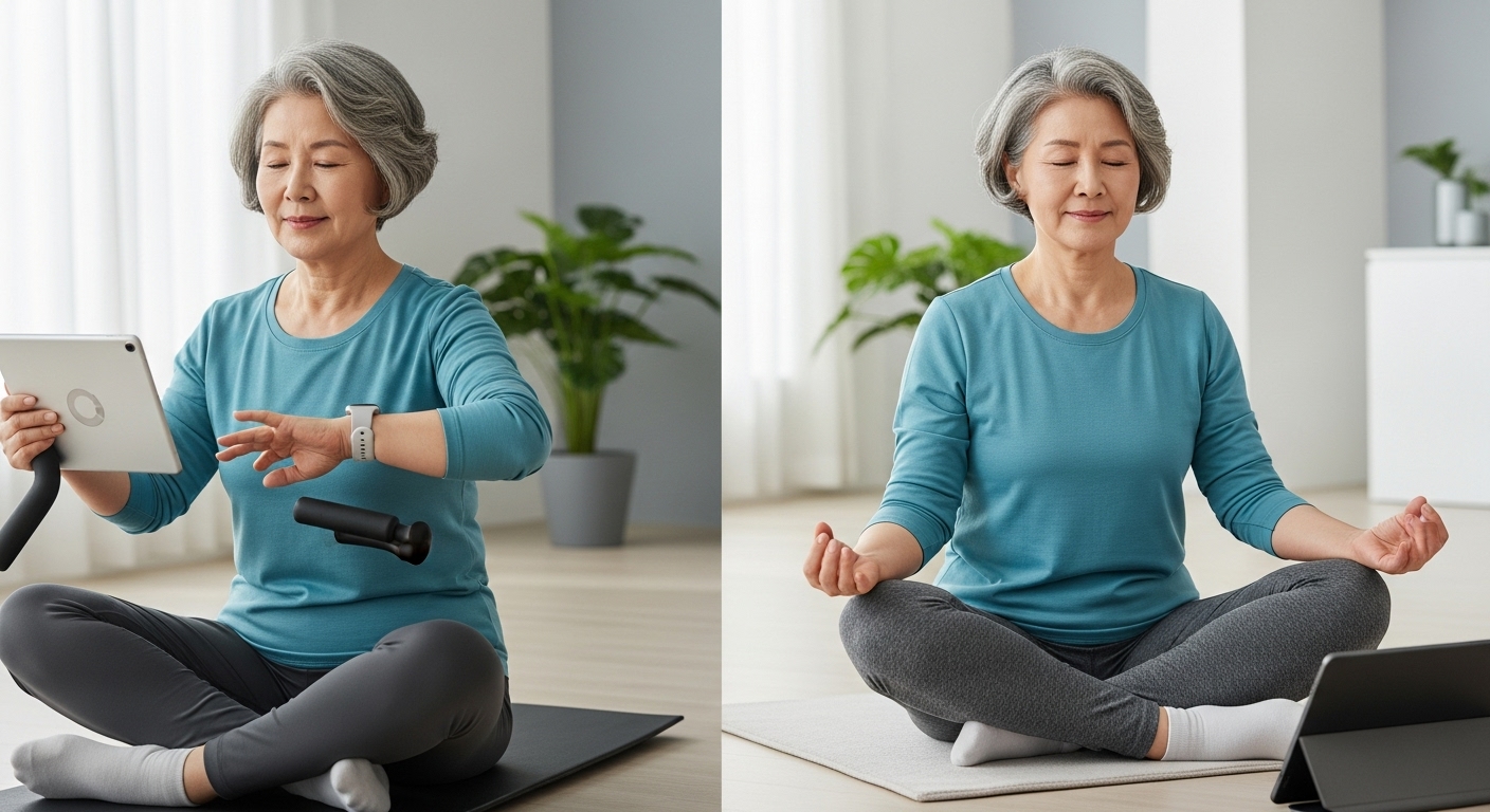 '액티브 시니어'를 넘어 '하이퍼-액티브 시니어'로: 건강과 자기 계발 - 세련된 한국인 할머니가 스마트 웨어러블 기기를 활용해 홈 트레이닝과 명상을 즐기는 모습