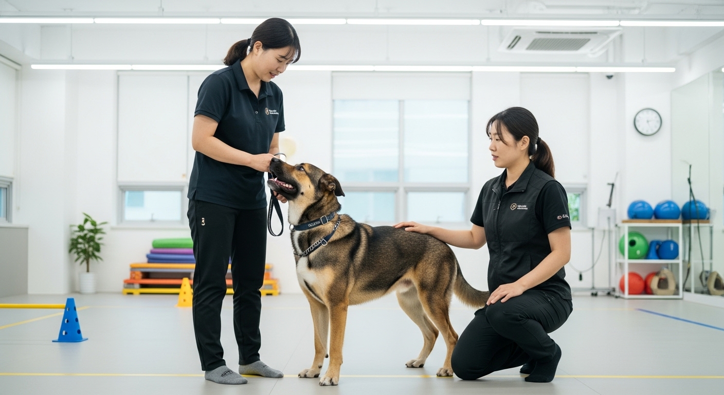 실효성 제고를 위한 관리 및 교육 시스템 혁신 - 한 한국인 견주가 실내 훈련 시설에서 전문 트레이너의 지도 아래 자신의 대형견과 함께 복종 및 사회화 교육을 받는 모습.
