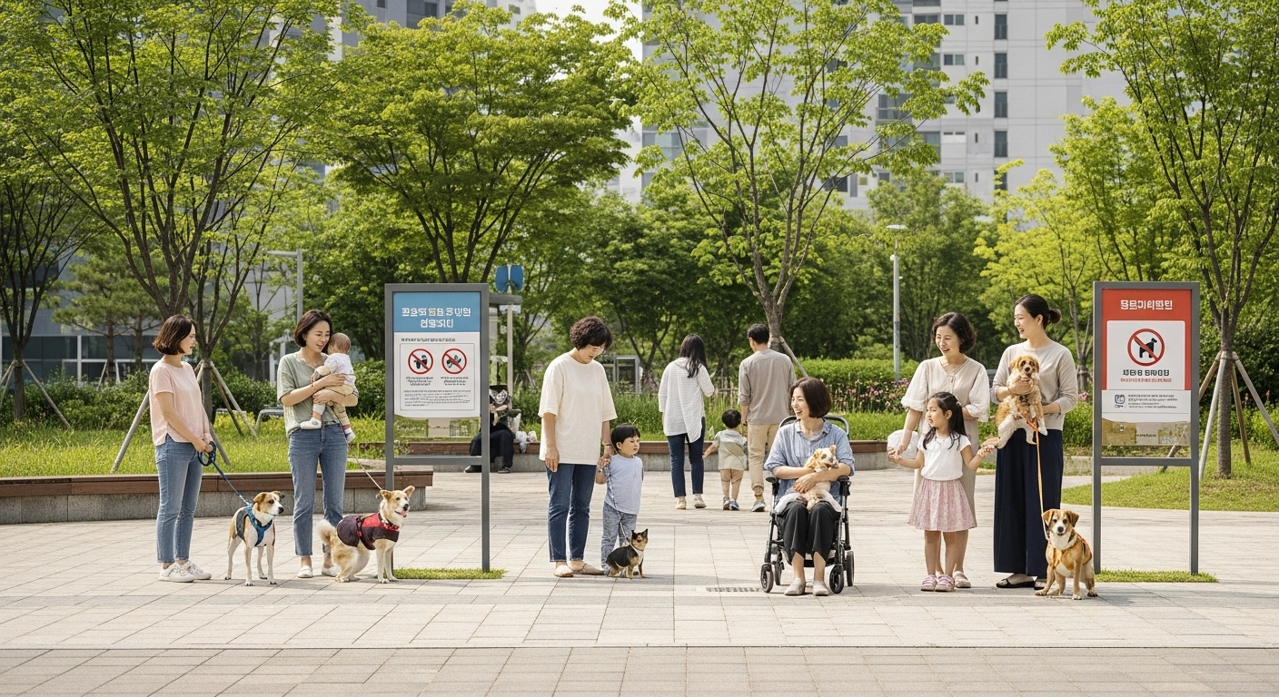 사회적 합의와 공존을 위한 지원 방안 - 다양한 연령대의 한국인 시민들이 공공장소에서 반려동물과 비반려인이 안전하고 조화롭게 공존하는 모습을 보여주며, 주변에 펫티켓 안내판이 서 있는 모습.
